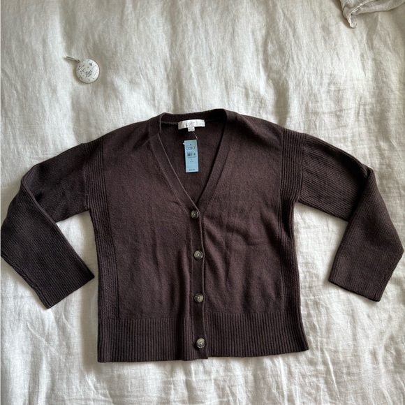 LOFT Petite Open Front Button Up Cardigan Sweater in Chocolate Brown - Picture 2 of 8